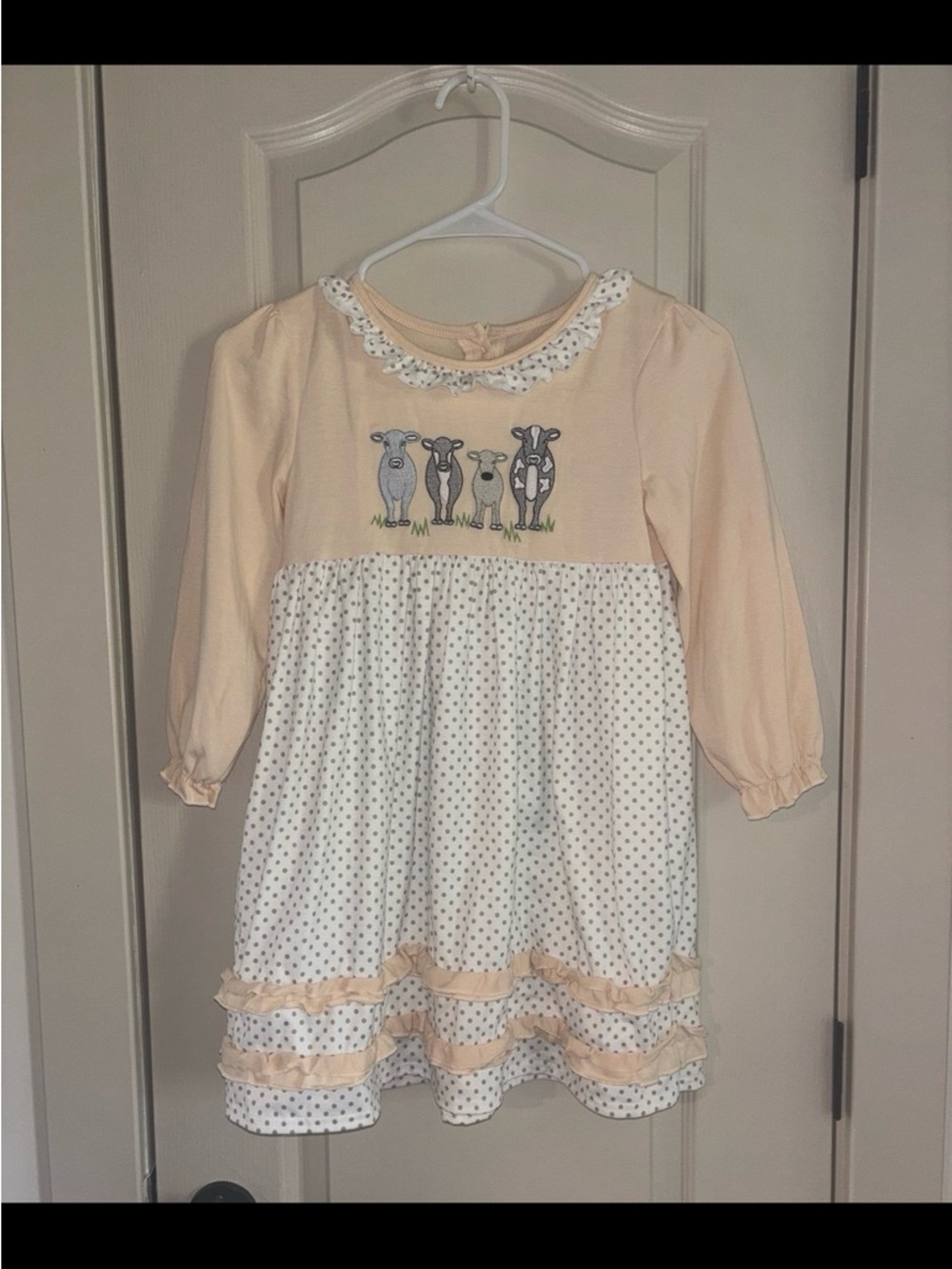 Boutique Girls Cow Embroidered Applique Polka Dot Ruffle Dress (7)